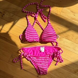 Lucky Brand Girls Pink & White Striped Tie-Side Bikini
